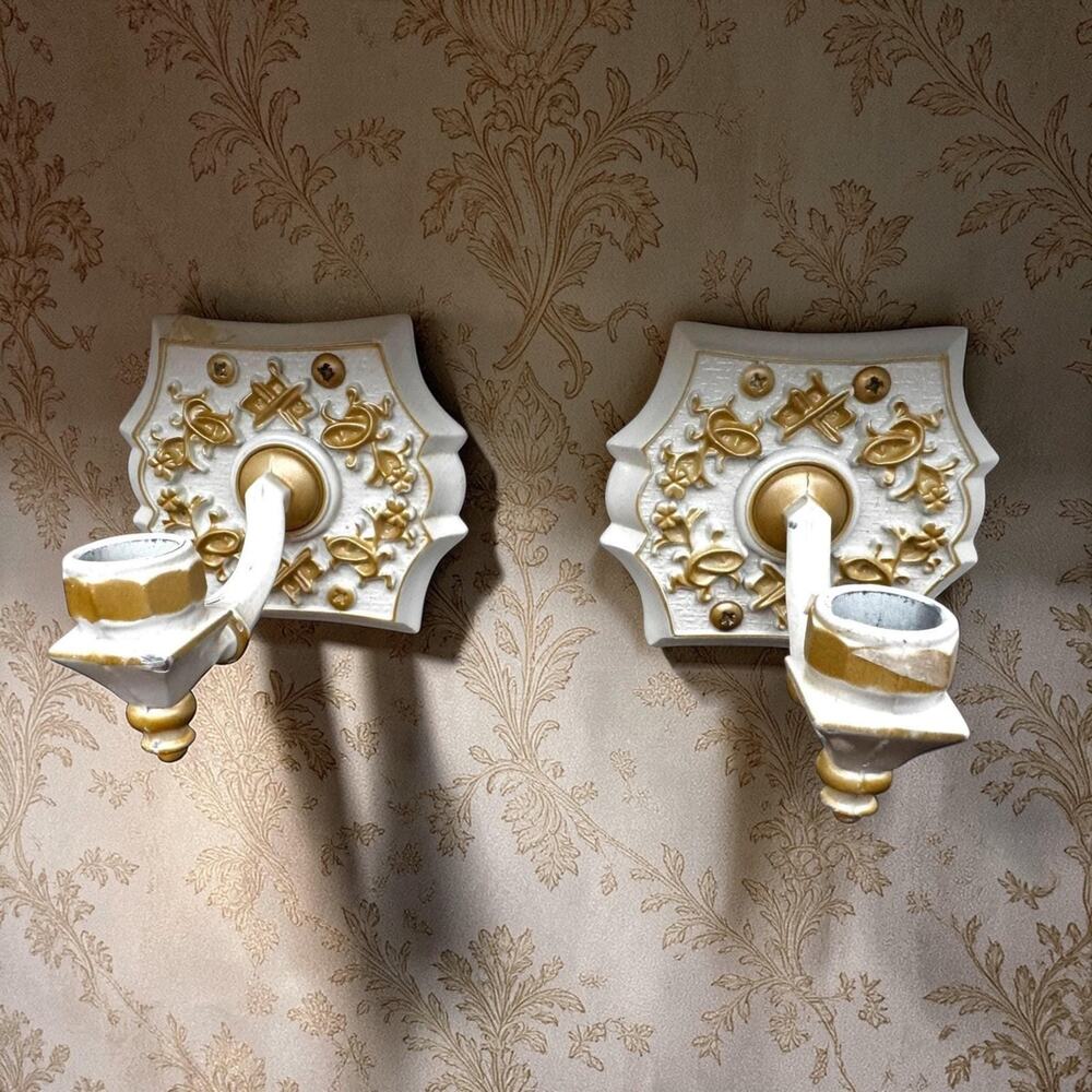 Vintage White Gold Ornate Candle Sconces | Baroque Victorian Style Pair